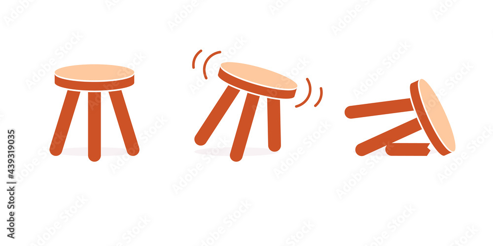 Three legged stool stable wobbly and broken icon set. Clipart image isolated on white background - obrazy, fototapety, plakaty 