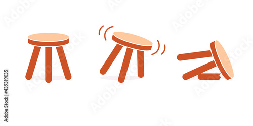 Three legged stool stable wobbly and broken icon set. Clipart image isolated on white background