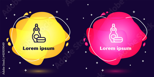 Set line Dishwashing liquid bottle icon isolated on blue background. Liquid detergent for washing dishes. Abstract banner with liquid shapes. Vector