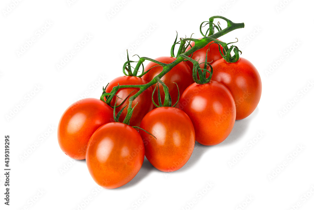 Delicious red cherry tomatoes on a branch. White isolated background