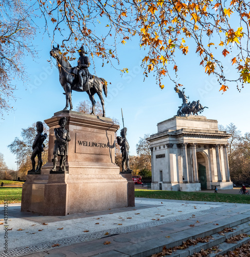The Wellington Arch, Royal London, England. The Quadriga-topped military landmark arch with tribute statue to the historic British military leader. photo
