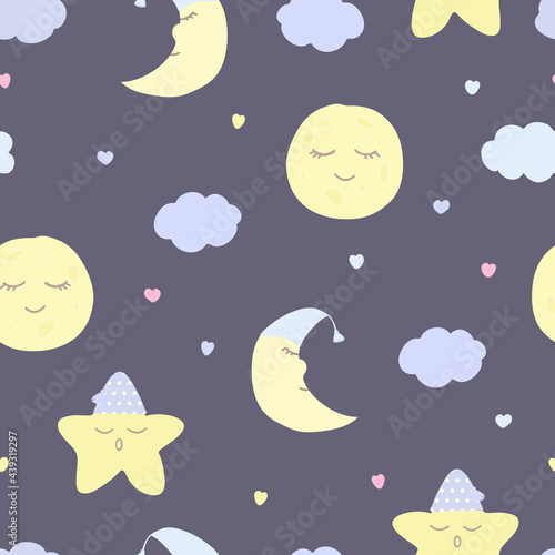 Vector seamless pattern with moon (crescent), stars, and clouds on purple. For wallpapers, fabric, textile and linen, print clothes and pajamas, gift and wrapping paper, invitation to pajama party.