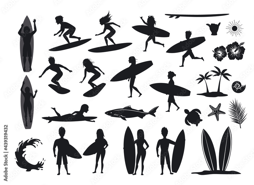 surfers silhouettes set. men and women surfing, riding waves, stand, walk, run, swim with surfboards, symbols design decoration, palm tree, leaf, turtle, shark, hand, hibiskus, wave, sun