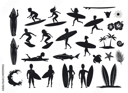 surfers silhouettes set. men and women surfing  riding waves  stand  walk  run  swim with surfboards  symbols design decoration  palm tree  leaf  turtle  shark  hand  hibiskus  wave  sun