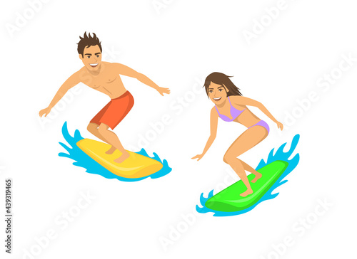 man and woman surfers isolated vector illustration