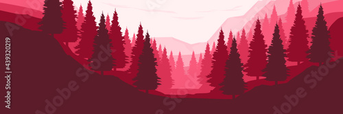 pink mountain forest flat design vector for web banner, adventure tourism, adventure poster template, background template, and tourism vacation promotion poster design	