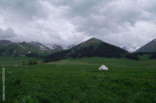 mongolian yurt at green prairie in Xinjiang China. Snow mountains behind