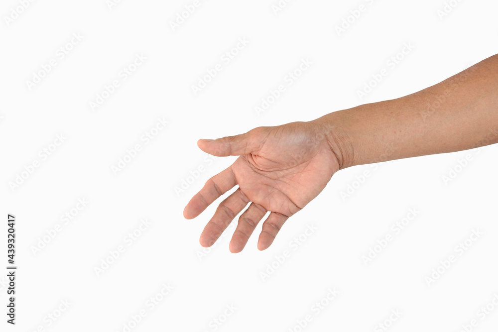 hand, isolated, white, background, reaching, out, arm, man, concept, adult, people, person, human, holding, business, symbol, caucasian, closeup, care, object, one, sign, success, clean, skin, finger,