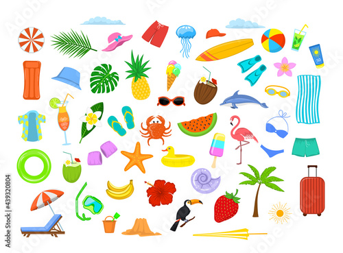 summer time beach holidays travel design elements, decoration: mattress, suitcase, umbrella, sunchair, palm tree, leaf, fruits, pineapple, coconut drink, flamingo, surfboard, crab, cocktail