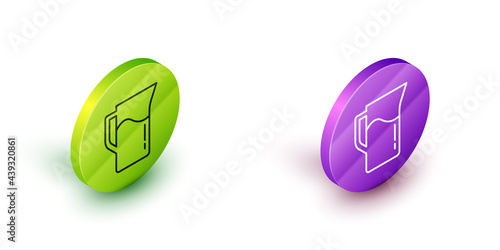 Isometric line Milk jug or pitcher icon isolated on white background. Green and purple circle buttons. Vector