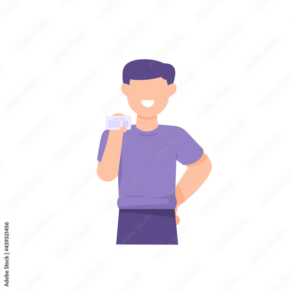 illustration of a man posing and showing an ID card. data verification concept. identity card. flat cartoon style. vector design