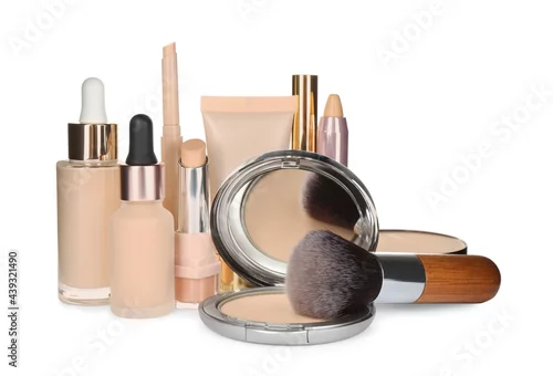 Obraz Foundation makeup products on white background. Decorative cosmetics