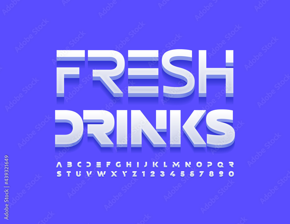 Vector modern sign Fresh Drinks. Futuristic style Font. Creative White Alphabet Letters and Numbers set