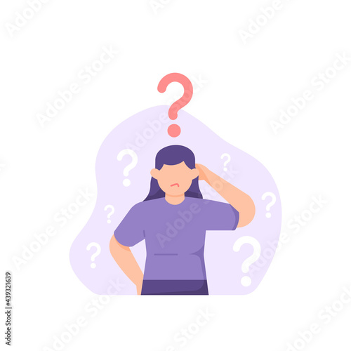 illustration of a confused woman surrounded by question mark symbols. flat cartoon design. concept Frequently asked questions or FAQ, online support center. help and answers. vector design