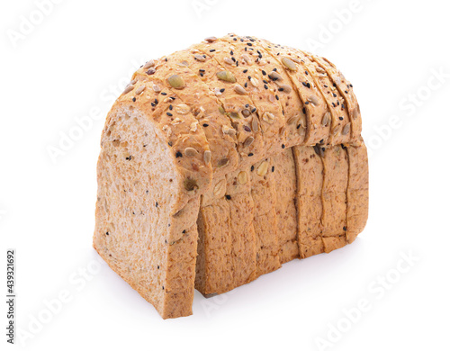 Whole wheat bread and grains isolated on white background