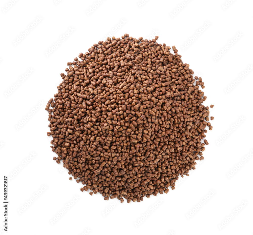 Pile of buckwheat tea granules on white background, top view Pile of buckwheat tea granules on white background, top view