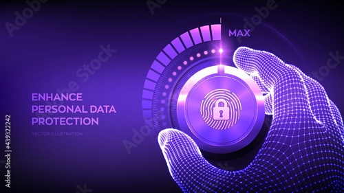 Privacy security levels knob button. Increasing personal data protection level. Wireframe hand turning a private secure test knob to the maximum position. Biometric identification. Vector illustration