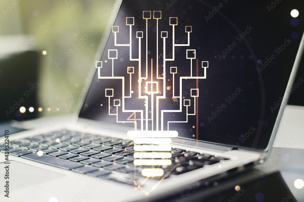 Fototapeta premium Double exposure of creative light bulb hologram with chip on laptop background, idea and brainstorming concept