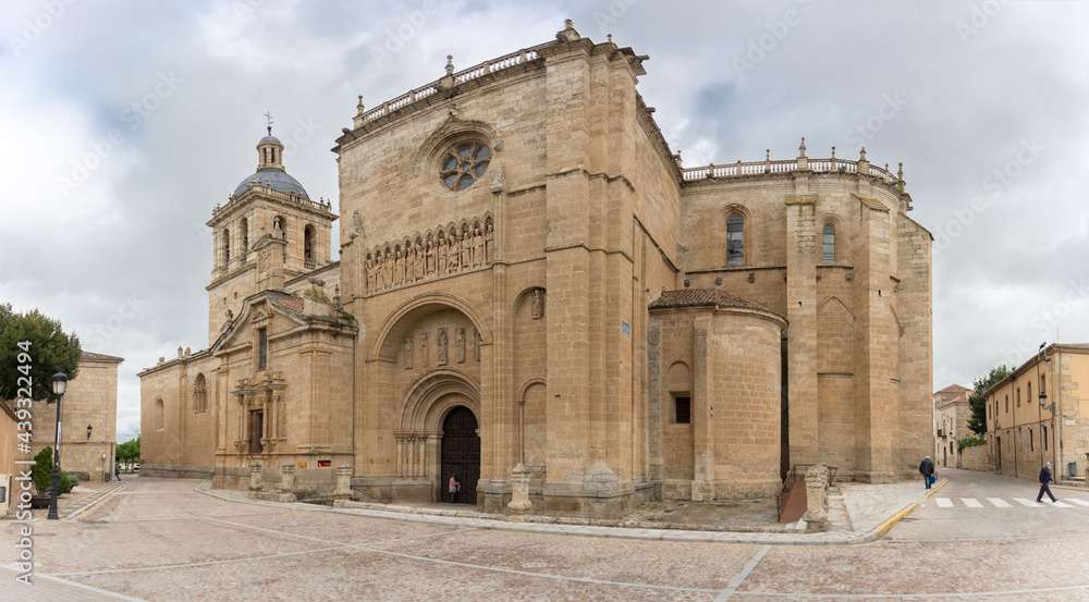 Majestic front view at the iconic spanish Romanesque architecture building at the Cuidad Rodrigo cathedral, towers and domes, downtown city
