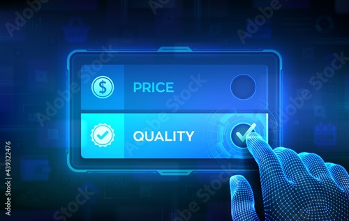 Price or quality choice concept. Making decision. Best product value and top or premium qualities. Wireframe hand on virtual touch screen ticking the check mark on quality button. Vector illustration.