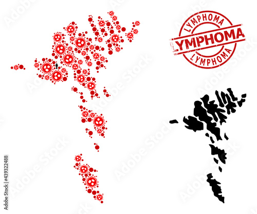 Collage map of Faroe Islands designed from flu virus elements and people items. Lymphoma scratched seal stamp. Black crowd elements and red sars virus items. Lymphoma caption inside round watermark.