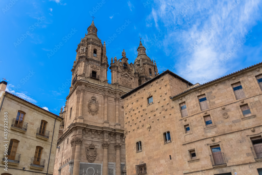 View with Casa de las Conchas lateral facade and baroque iconic facade at the La Clerecía building, Pontifical university at Salamanca, Universidad Pontificia de Salamanca (UPSA)