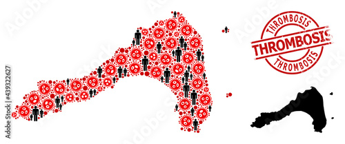 Collage map of Koh Lipe organized from virus outbreak icons and demographics icons. Thrombosis textured seal stamp. Black people icons and red sars virus icons. Thrombosis title inside round seal.