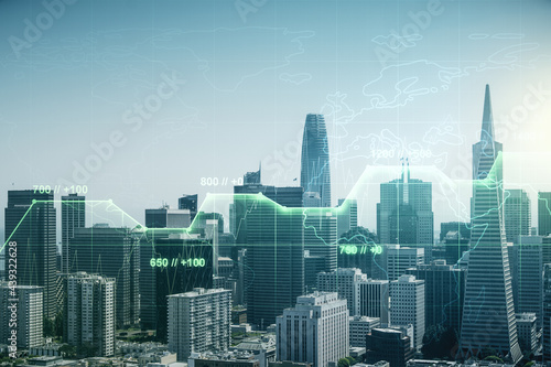 Multi exposure of creative statistics data hologram on San Francisco skyscrapers background, stats and analytics concept