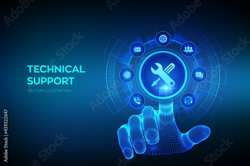 Technical support. Customer help. Tech support. Customer service, Business and technology concept. Wireframe hand touching digital interface. Vector illustration.