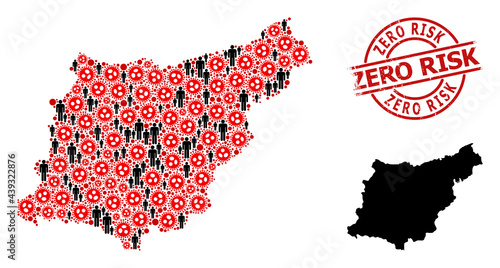 Mosaic map of Gipuzkoa Province organized from virus outbreak icons and humans icons. Zero Risk distress seal stamp. Black crowd elements and red flu virus elements.
