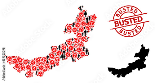 Collage map of Inner Mongolia constructed from sars virus items and people elements. Busted scratched seal. Black crowd elements and red sars virus items. Busted title inside round stamp.