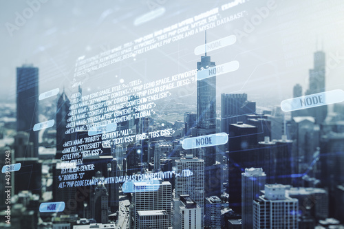 Abstract virtual coding concept on Chicago skyline background. Multiexposure