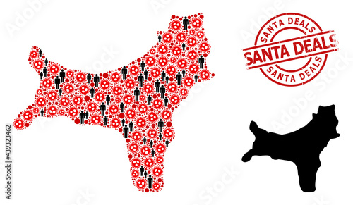 Mosaic map of Christmas Island constructed from sars virus items and humans icons. Santa Deals scratched watermark. Black man items and red virus outbreak items.