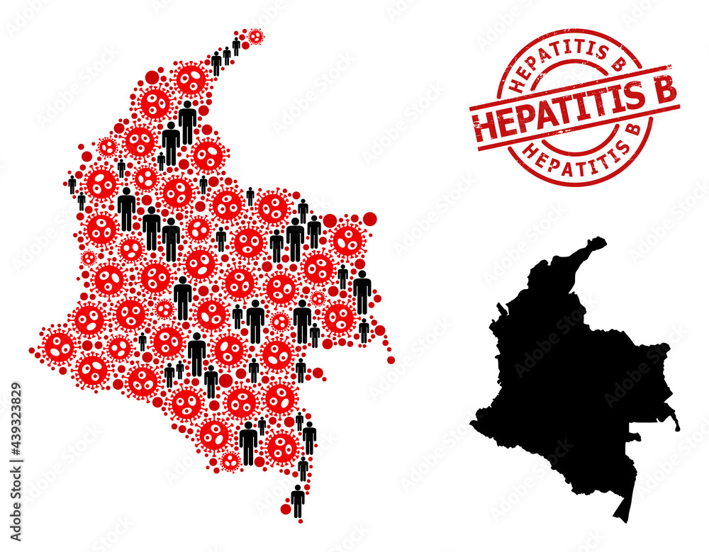 Collage map of Colombia organized from virus items and men elements. Hepatitis B grunge badge. Black men items and red sars virus elements. Hepatitis B title inside round stamp.
