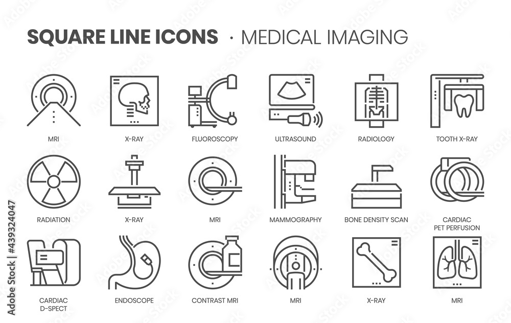 Medical imaging related, square line vector icon set.
