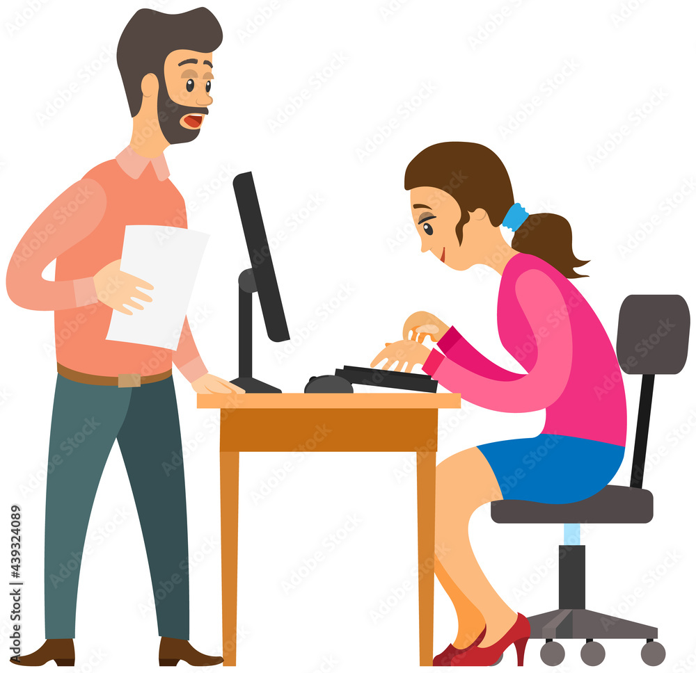 Female character working at computer and doing tasks to finish on time. Boss is talking to employee to complete assignment defore deadline. Director communicating with subordinate during work