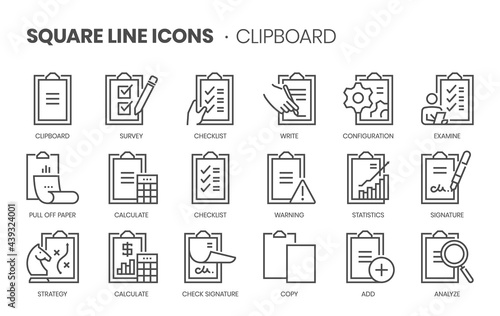 Clipboard related, square line vector icon set