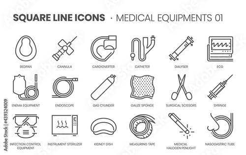 Medical equipments, square line vector icon set. photo