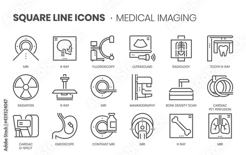 Medical imaging related, square line vector icon set.