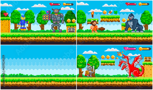 Set of illustrations on theme of pixel game, arcade about fights. Robots, cavemen and animals fight. Pixel game background with items collected during gameplay. Pixelated interface with characters