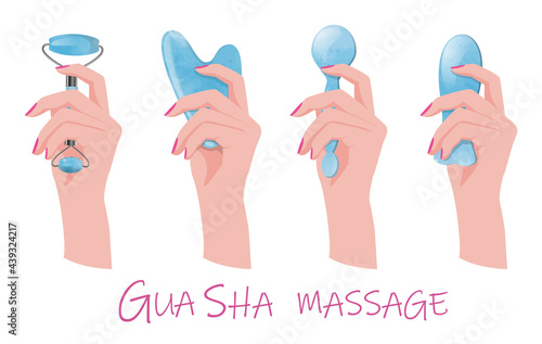 The hand holds different tools for Gua sha facial massage. Scrapers and roller for massage. Isolated design element on a white background. EPS10.