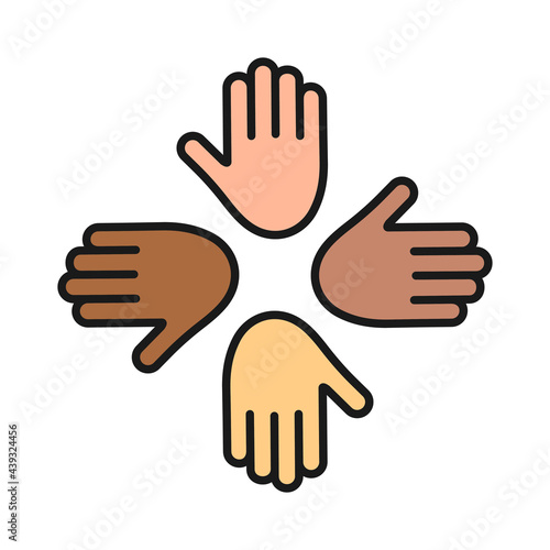 Hands together with different skin color. Multinational teamwork concept. Friendship symbol. Global teamwork sign. No to racism. Vector isolated on white