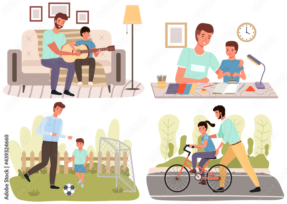 Set of illustrtion about time spent by children and fathers. Holidays with dad in nature or at home. Parenting, fatherhood concept. Family is engaged in creativity, sports, music vector illustration