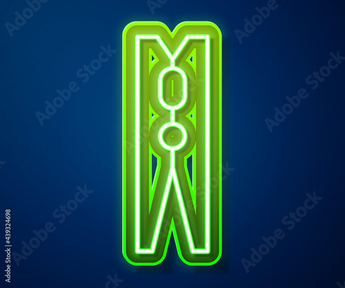 Glowing neon line Old wood clothes pin icon isolated on blue background. Clothes peg. Vector