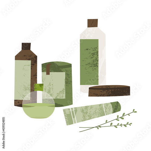 Apothecary bottle: febrifuge, antipyretic, syrup, ointment, drops, cream. Homeopathy, naturopathy. Holistic medicine. Natural organic herb. Vector flat cartoon illustration