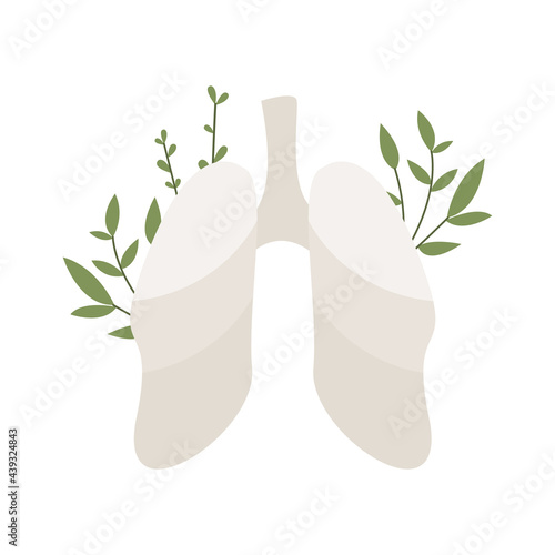 Lungs with leaves. respiratory system. Pulmonology. Homeopathy, naturopathy, ethnoscience. Alternative medicine. Treatment with folk remedies, natural organic herb. Vector flat cartoon illustration