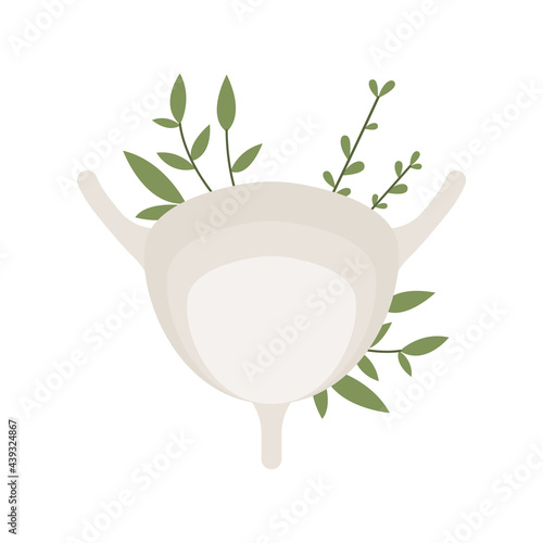 Bladder with leaves. Urinary system. Urology. Homeopathy, naturopathy, ethnoscience. Alternative medicine. Treatment with folk remedies, natural organic herb. Vector flat cartoon illustration