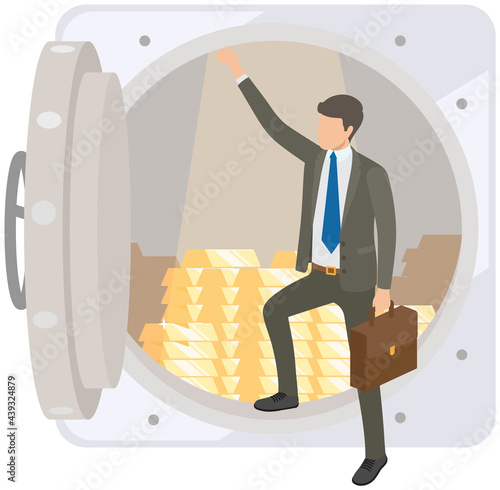 Billionaire businessman neat full bank vault. Person standing next to pile of gold bars. Successful businessman with suitcase. Business success concept. Rich male character saving money in bank