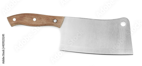 Vászonkép Large sharp cleaver knife with wooden handle isolated on white