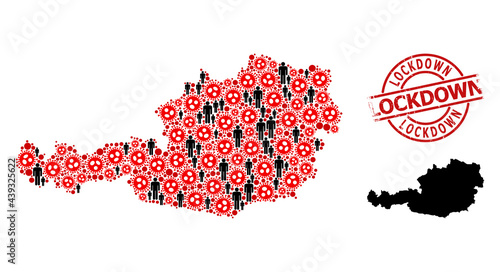 Mosaic map of Austria designed from sars virus icons and men icons. Lockdown grunge watermark. Black crowd icons and red SARS virus elements. Lockdown message inside round watermark.